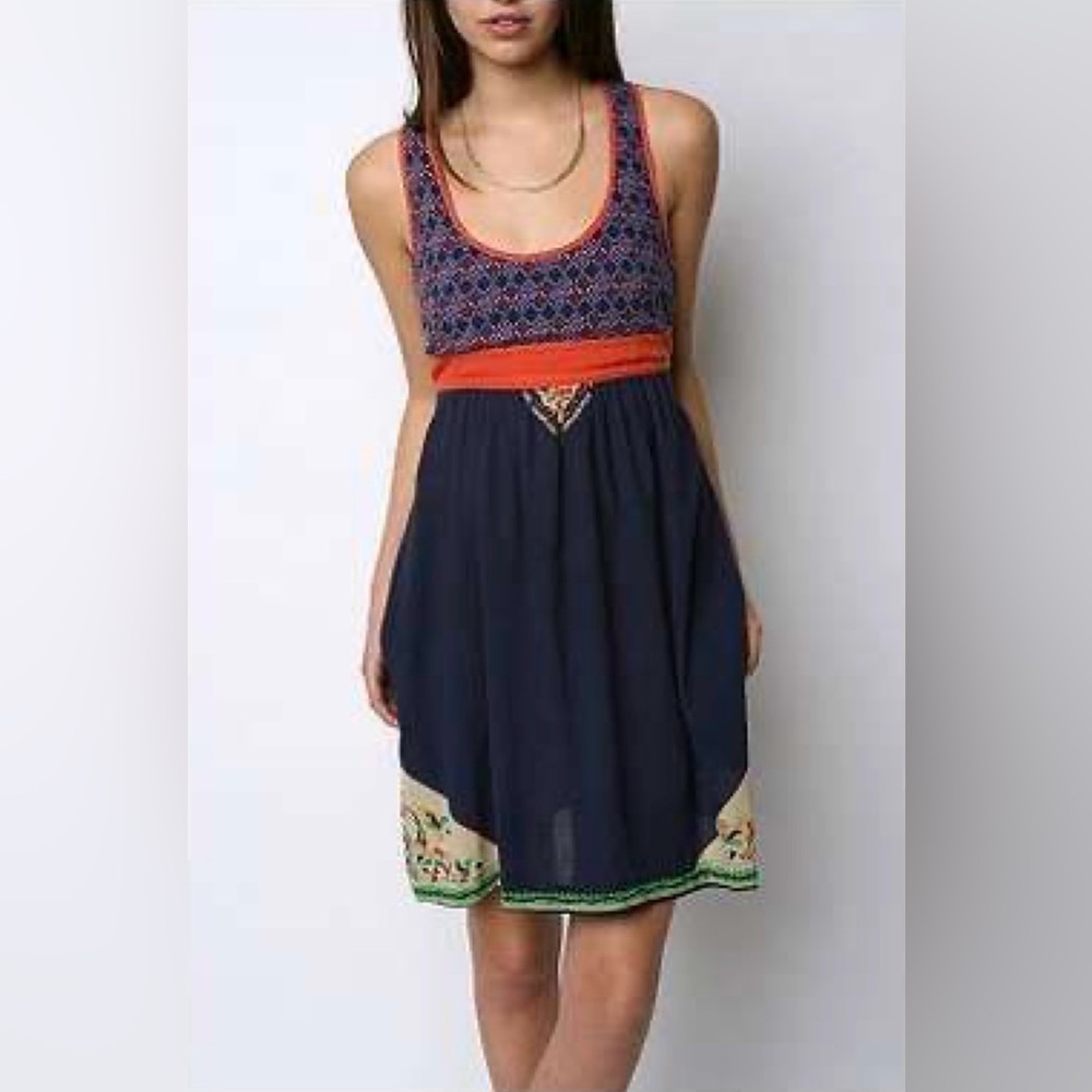 Ecote Navy Blue Mini Dress with Orange Waistband and Multicolor Embroidery